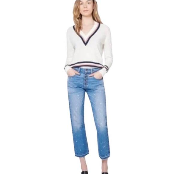 Veronica Beard Stained High Rise Raw Hem Mid Wash - Picture 1 of 10